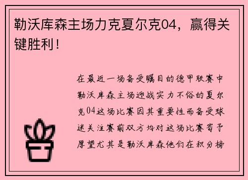 勒沃库森主场力克夏尔克04，赢得关键胜利！